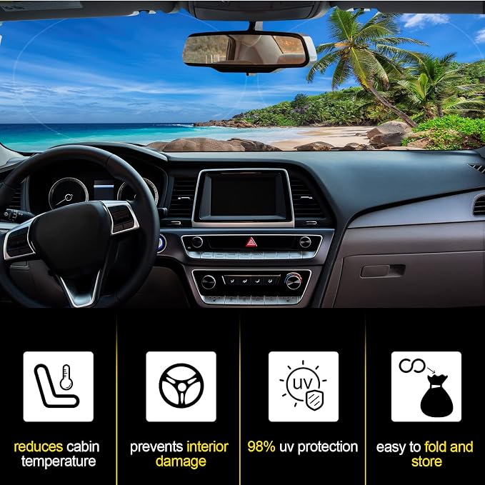 Windshield Sun Shade Foldable Car Front Window Covers for Car Accessories Sun Heat UV Rays Visor Protector Protection for Universal Cars SUV Truck(Beach)
