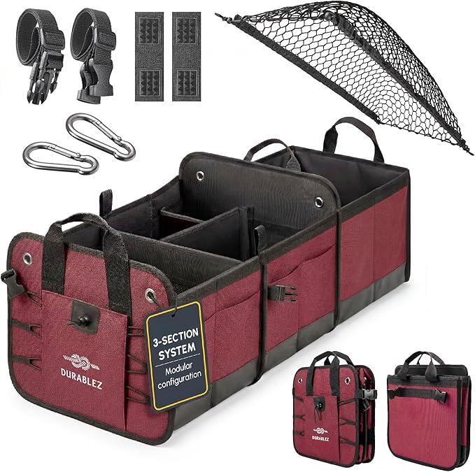 XL Trunk Organizer 3-Section for SUV, Truck, Sedan, Van – Modular L-Shape Car Storage Box, Collapsible Auto Cargo Organizer with Dividers – Cherry