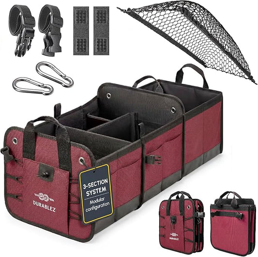 XL Trunk Organizer 3-Section for SUV, Truck, Sedan, Van – Modular L-Shape Car Storage Box, Collapsible Auto Cargo Organizer with Dividers – Cherry