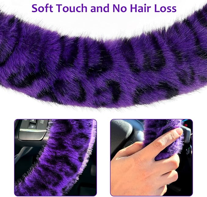 Accmor Fuzzy Car Steering Wheel Cover, Universal Fit Fur Car Wheel Cover & Handbrake Cover & Gear Shift Cover Set, Fluffy Fashion Leopard Print Auto Steering Wheel Protector for Women Girls(Purple)
