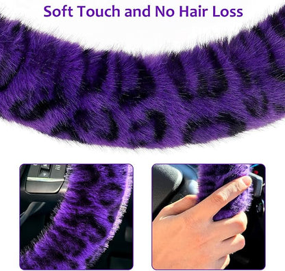 Accmor Fuzzy Car Steering Wheel Cover, Universal Fit Fur Car Wheel Cover & Handbrake Cover & Gear Shift Cover Set, Fluffy Fashion Leopard Print Auto Steering Wheel Protector for Women Girls(Purple)