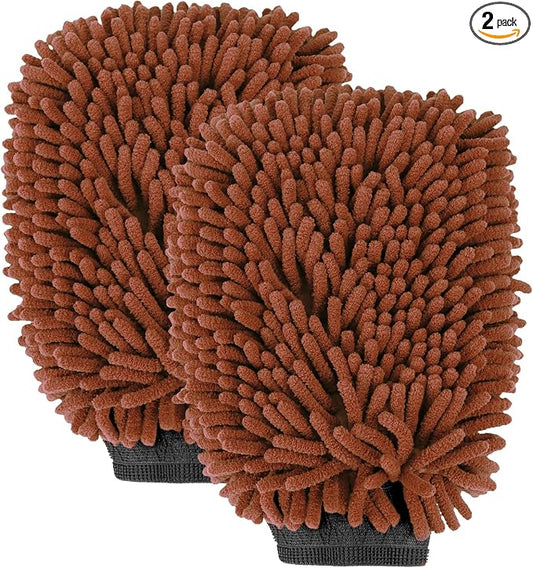 wuyaoyao 2PCS Car Wash Mitt, 10.14"×7.12" Chenille Microfiber Car Wash Mitts, Scratch-Free & Lint-Free, Absorbent Double Sided Clean Glove for Cars Cleaning, Auto Cleaning Supplies (Brown)