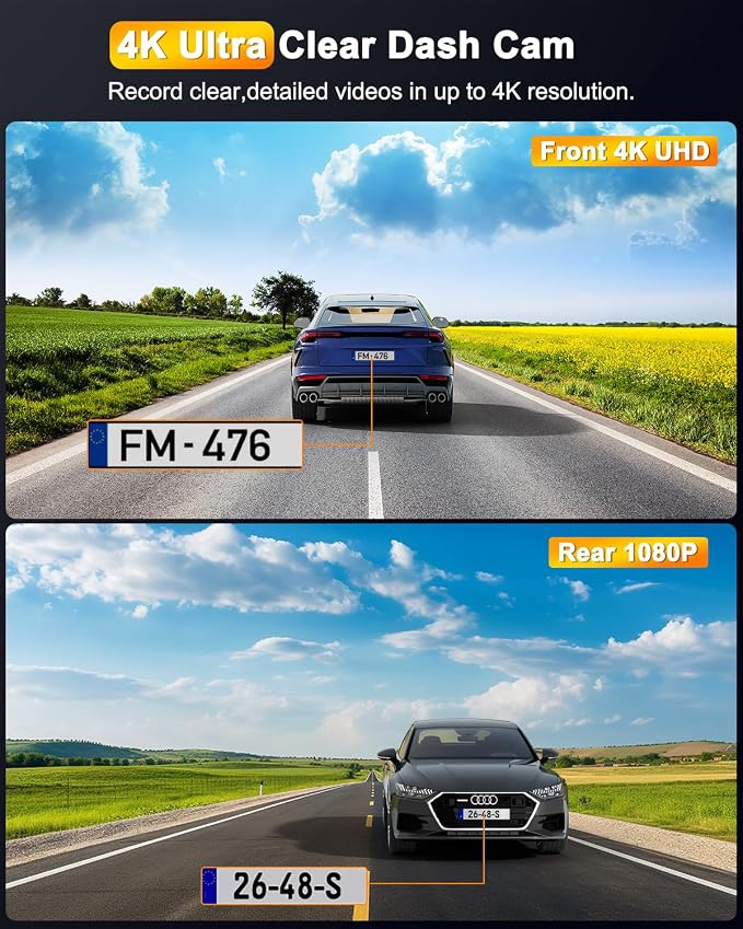 4K Dash Cam Front and Rear, Dual Dash Camera for Cars with 64G SD Card, 3" IPS Dashcam with Night Vision, Time Lapse, 24H Parking Mode, 170° Wide Angle, G-Sensor, Loop Recording, Real WDR