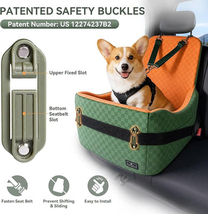 PETSFIT Dog Car Seat for Small/Medium Dogs Up to 35 lbs – Patented Safety System, 5" Memory Foam Pet Car Seat, Fully Detachable and Washable Cover, Front/Back Seat Travel Booster (Green & Orange)