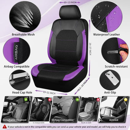 CAR PASS Leather Seat Covers, Breathable Universal Car Seat Cover Full Set for Cute Women Girly,Super 5mm Composite Sponge Inside,Airbag Compatible fits Most Auto,SUVs,Trucks,Vans(Black&Purple)