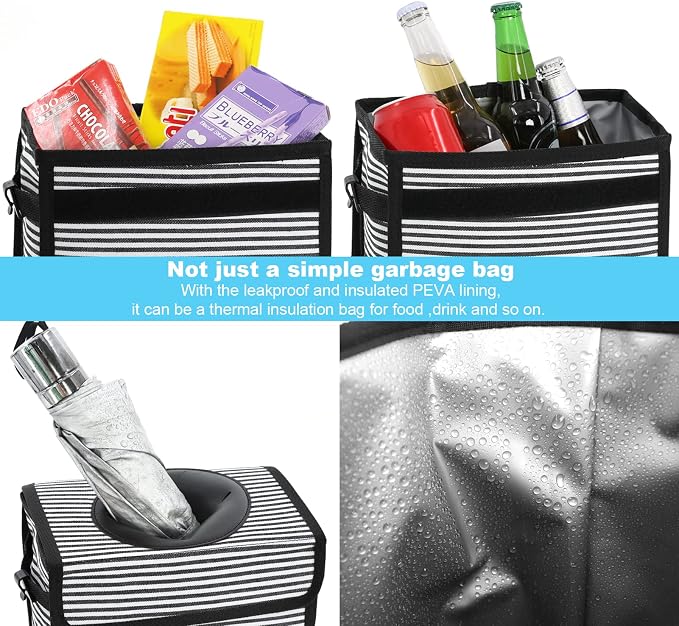 Femuar Leak Proof Car Trash Can With Lid - Waterproof Garbage Bag With Storage Mesh Pocket, Large/Stripe