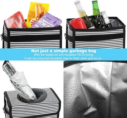 Femuar Leak Proof Car Trash Can With Lid - Waterproof Garbage Bag With Storage Mesh Pocket, Large/Stripe
