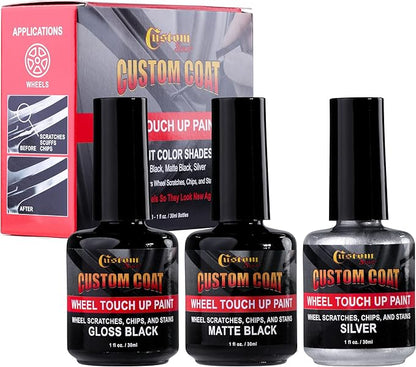 Custom Shop Silver Black Rim Touch Up Paint Kit - Wheel Paint Curb Rash Repair Scratches, Chips - 3 Colors Gloss Black, Matte Black, Silver - Automotive Car Rim Paint Touch Up Pen for Metal