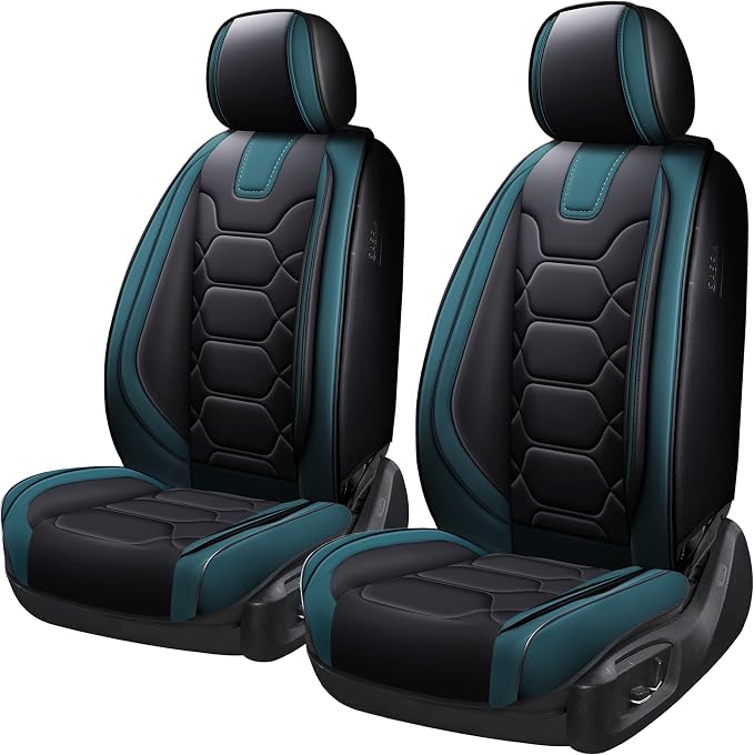 OASIS AUTO Car Seat Covers Front Seats, Sporty Honeycomb Waterproof Faux Leather Protectors, Universal Fit for SUV, Sedan, Truck Interior Accessories (OS-004 Black&Teal)