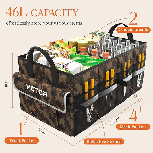 HOTOR Trunk Organizer - Car Organizer with 5 Pockets, Trunk Organizer for SUV & Sedan, Car Organization with Sturdy Base Panel for Car Accessories, Brown Camouflage, 2 Compartments, 21.3"×12.6"×10.6"