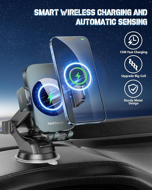3-in-1 Wireless Car Charger Mount, 15W Fast Charging Auto-Clamping Phone Holder for iPhone 17 16 15 14, Samsung Galaxy S24 S23, Dashboard, Vent & Windshield Car Mount(Forest Green)