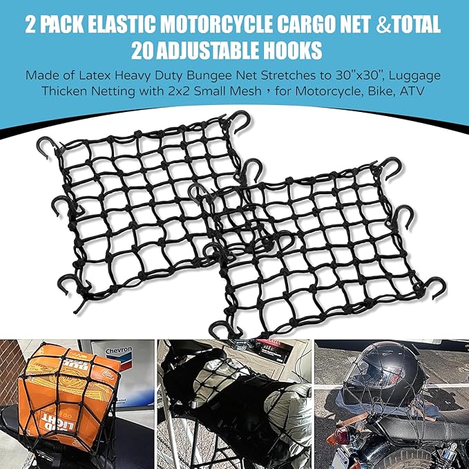 2 Pack 15"X15" Motorcycle Cargo Net Stretches to 30"x30", 2"x2" Tight Mesh,Total 20 Hooks, Cargo Nets for Motorcycle Luggage Bike Basket, Luggage Rack ATV Rack Snowmobile Cargo Helmet Net