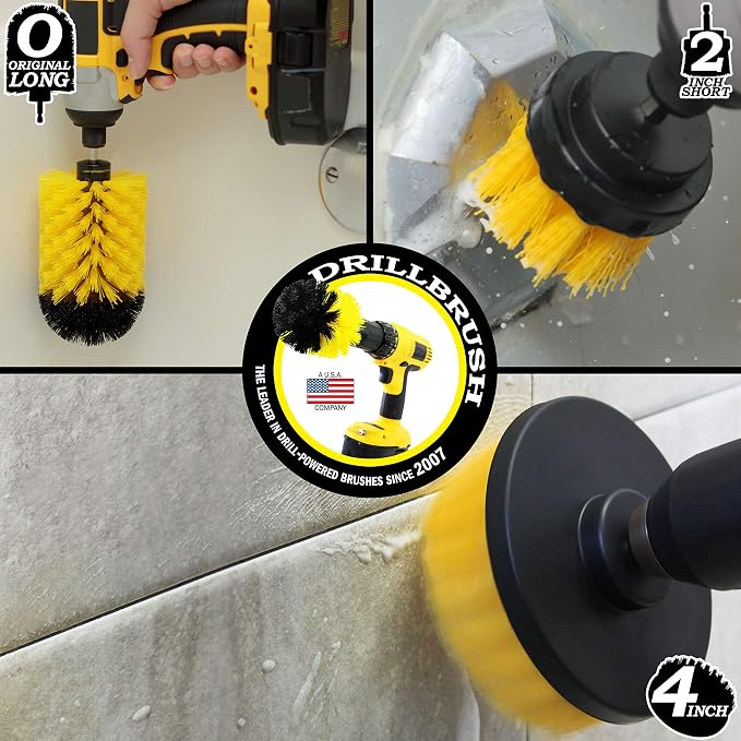 Drill Brush Yellow Bathroom Detailing Brush Set – Bathtub Shower Scrub Brush for Drill - Tile Grout Cleaning Tool - Shower Door Scrubber - Bath Tub Brush - House Cleaning Kit Spinning Scrub Brush