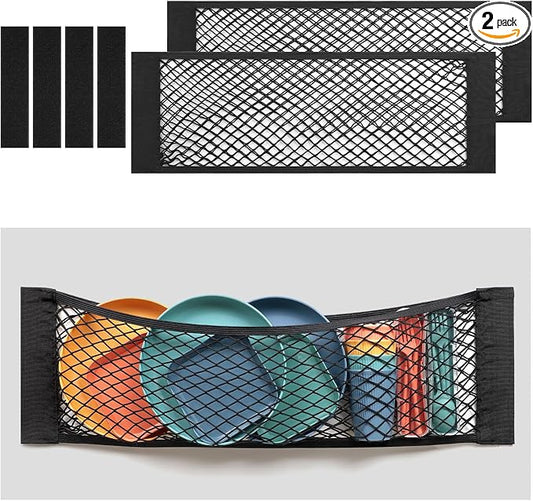 TOBWOLF 2PCS 25x80cm / 9.8x31.5in Mesh Storage Pocket Bag with Tape Sticker, Hook & Loop Elastic Cargo Net RV Netting Pocket, High Capacity Car Trunk Net Wall Sticker Pouch Bag For Car RV Home Storage