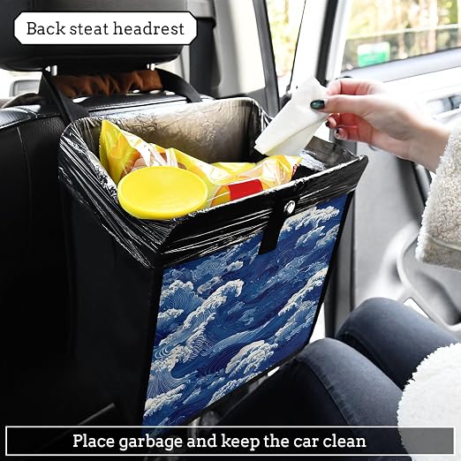 Car Trash Can Organizer Bin with Adjustable Strap for Back Front Seat Console Waterproof Leakproof Collapsible Portable 8.66 Inch Blue Ocean Waves