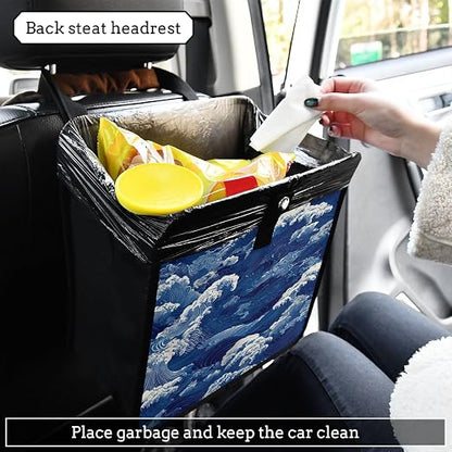 Car Trash Can Organizer Bin with Adjustable Strap for Back Front Seat Console Waterproof Leakproof Collapsible Portable 11 Inch Blue Ocean Waves