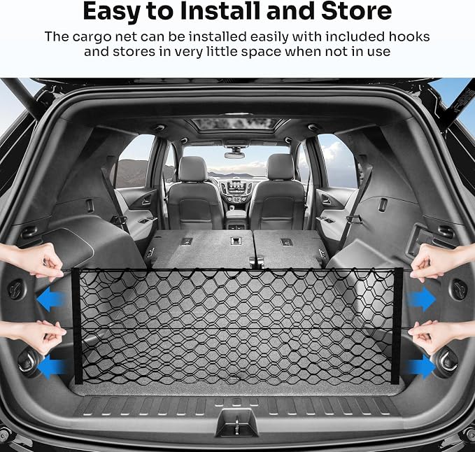 Canvcle Trunk Cargo Net for 2018-2025 2026 Chevy Equinox & GMC Terrain Accessories Envelope Style Mesh Trunk Net Organizer and Storage Stretchable Elastic Nylon Rear Cargo Netting with Hooks
