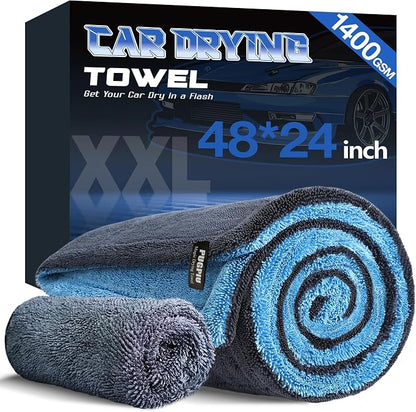PUGPIU Microfiber Car Drying Towel Extra Large Super Absorbent 48"X24", 1400 GSM Flash Detail Car Wash Drying Towel Edgeless with Two Sided Soft Twisted-Loop, No Water Spots Streaks for Cars (Blue)