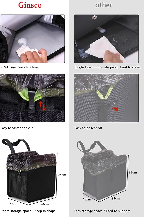 Ginsco 2 Gallons Open-Top Car Trash Can, Hanging Leakproof Car Trash Bag with Water-proof PEVA Liner, Stand Trash Bag for Cars Foldable Automotive Garbage Can for Cars SUV Truck RV Black