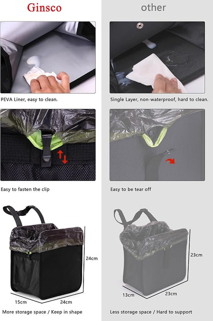 Ginsco 2 Gallons Open-Top Car Trash Can, Hanging Leakproof Car Trash Bag with Water-proof PEVA Liner, Stand Trash Bag for Cars Foldable Automotive Garbage Can for Cars SUV Truck RV Black