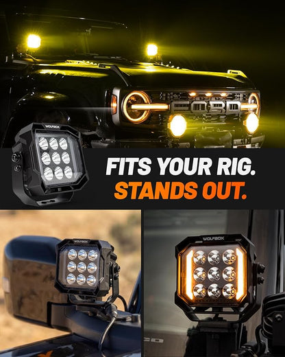 WOLFBOX 5 Inch LED Pods with True Power Lumens - Professional Off Road Lights with Amber DRL Spot Flood Beam, IP69K Waterproof Driving Lights for Jeep Ford UTV ATV, 5-Year Warranty