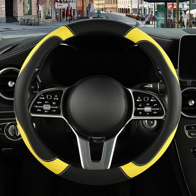 Microfiber Leather Steering Wheel Cover Large for Ford F150 F250 F350 RAM 4Runner Tacoma Tundra Range Rover Model X Model S, Breathable, Anti Slip, 15.5 inch to 16 inch, Black with Yellow