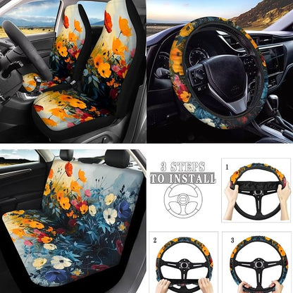 Aesthetic Floral 10 Pcs Car Seat Covers Full Set, Oil Painting Shirley Flower Breathable Front Rear Seat Cover Flower Field Interior Protector for Car Truck SUV, Universal Fit