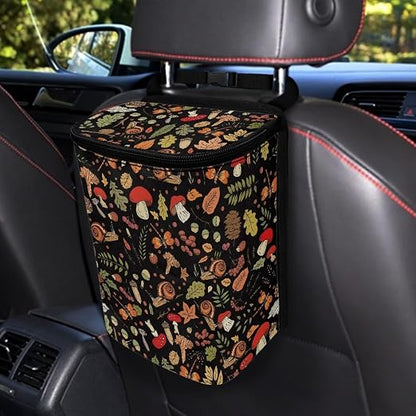 Trash Can for Car Leakproof Garbage with Lid and Zipper Boho Cottagecore Mushroom Snail Ferns Trash Bin Hanging Back of Seat Auto Interior Accessories Universal Fit Most Truck SUV Van