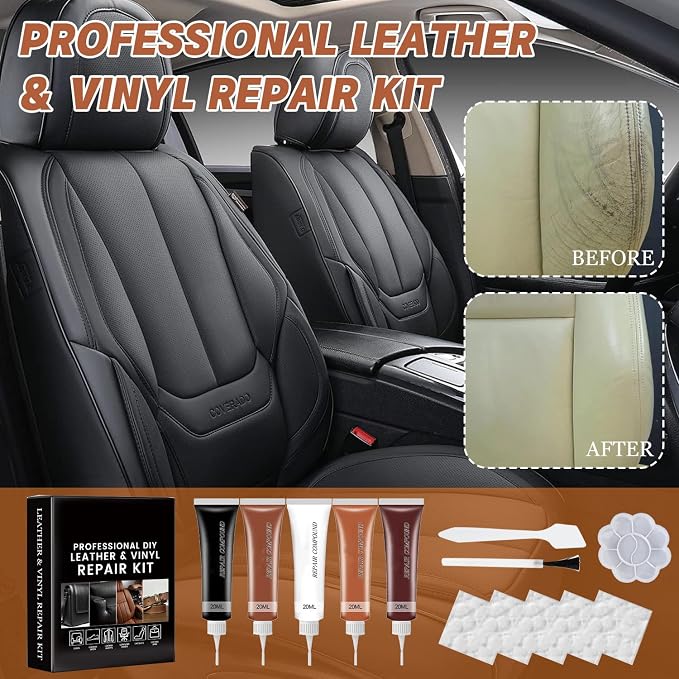 Leather Repair Kit for Furniture, Sofa, Jacket, Car Seats & Purse, 5Pcs Vinyl Repair Kit with Easy Instructions, Fix Tears, Scratches, Holes & Peeling on Genuine, Faux, Bonded Leather (Brown)