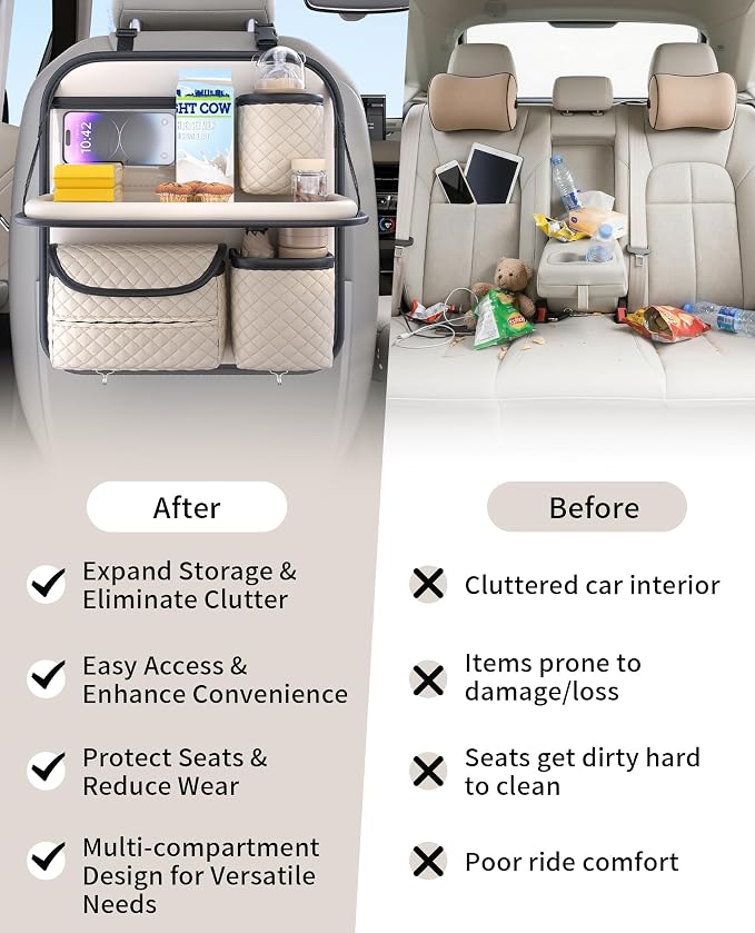 PU Leather Backseat Car Organizer with Tray, Cup Holder, Tablet Pocket & Tissue Holder, Back Seat Car Organizer for Kids and Women, Universal Car Seat Storage Organizer (Beige)