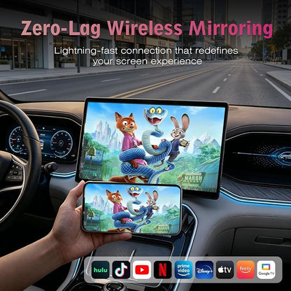 OneCarStereo Wireless CarPlay Android Auto Adapter 4-in-1 Video Mirror, One-Touch Screen Mirroring Dongle with Wireless AirPlay & Miracast, Watch YouTube Phone Apps, Plug & Play for OEM Wired CarPlay