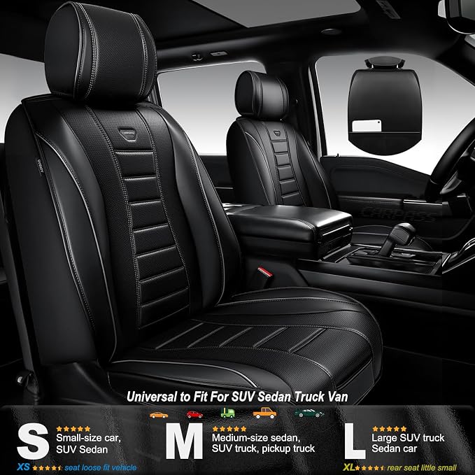 CAR PASS Nappa Leather Seat Covers 2, Waterproof Universal FIT Piping Leather Car seat Covers Front Seats, 3D Foam Front Seat Cover for Cars,SUV,Trucks Airbag Compatible Luxury&Comfort&Durable Black