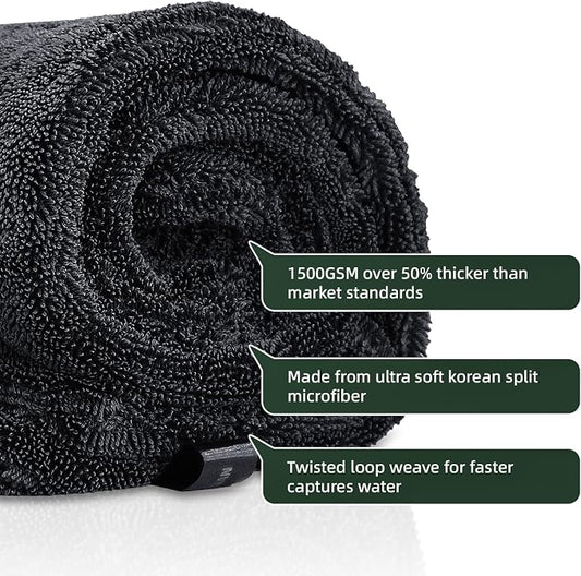 2-Pack 24" x 36" 11.8" x 11.8" Twisted-Loop Car Drying Towel 1500GSM Microfiber Cleaning Cloth for Car Trucks Motorcycles Streak Free Lint Free Ultra Absorbent Washing Cloth for Kitchen Window (Grey)