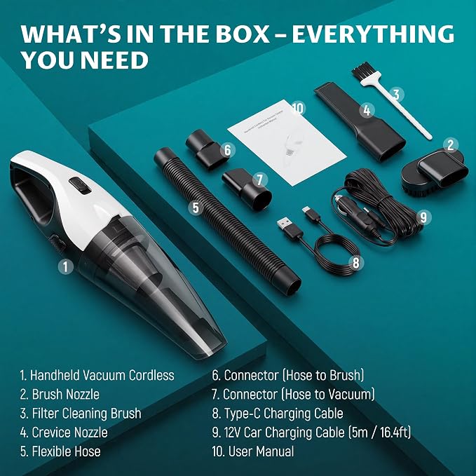 Handheld Vacuum Cordless, 6000Pa Strong Suction for Car Seats & Pet Hair, with USB and 5 m Car Charger, Portable with LED Light for Home Office, Lightweight