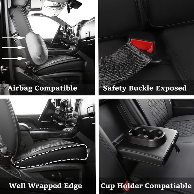 JOJOBAY Chevy Silverado Seat Covers,Leather Seat Covers for GMC Sierra,Custom Fit 2007-2026 1500 2500HD 3500HD Crew Double Extended Regular Cab,LT LZT RST Trail Boss(Full Set,Black)
