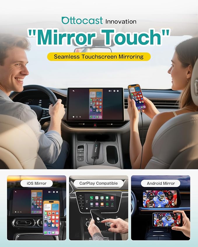 Ottocast Mirror Touch - Wireless CarPlay & Bi-Directional Phone Mirroring Adapter - Dual Mode, Plug & Play Upgrade for Factory Wired Cars (2016+)