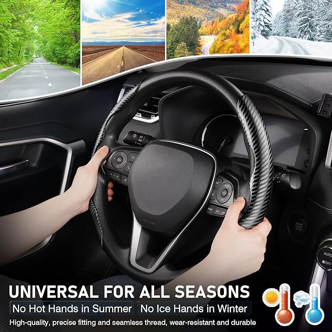 Cartist Carbon Fiber Steering Wheel Cover - Anti-Slip, Steering Wheel Cover for Men/Women - Durable, Universal Car Accessory (Black)