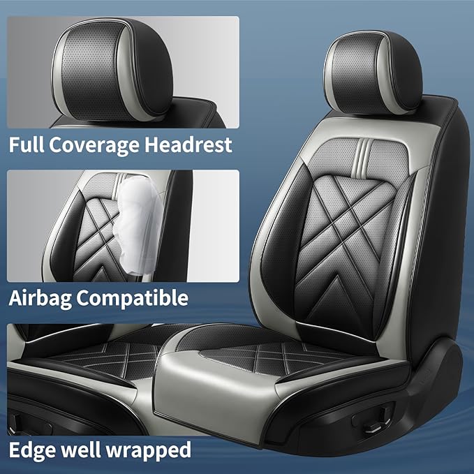 Ranger Car Seat Covers Custom Fit for Ford Ranger 2019-2026, Full Coverage Leather Waterproof Breathable Seat Covers, Automotive Seat Protectors, Airbag Compatible(2 Front Seats, Black Gray)