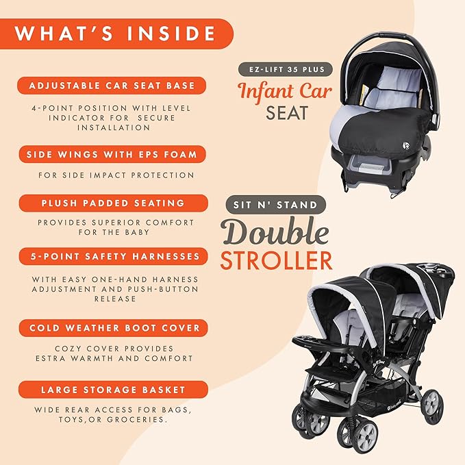Baby Trend Infant and Toddler Double Stroller & 2 Car Seat Combo, 3 Pc Set, Stormy - Portable and Lightweight Stroller Duo and Car Seat Travel System Tandem