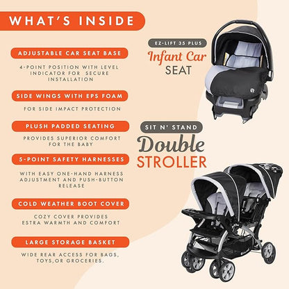 Baby Trend Infant and Toddler Double Stroller & 2 Car Seat Combo, 3 Pc Set, Stormy - Portable and Lightweight Stroller Duo and Car Seat Travel System Tandem