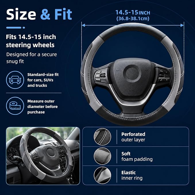 Elantrip Microfiber Leather Steering Wheel Cover for 14.5" to 15" Wheels, Soft Padded Grip, Textured Anti-Slip Inner Lining, Breathable Comfort for Cars, SUVs and Trucks, Black/Gray