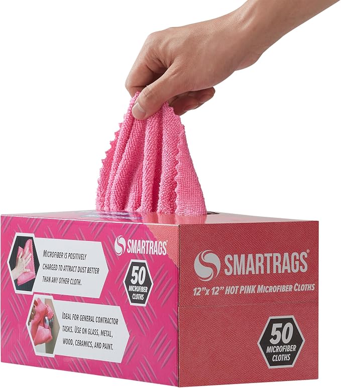 Arkwright Smart Rags Microfiber Cleaning Cloths, Pack of 50 in a Box, Lint Free 180 GSM Reusable Towels for Auto, Office and Household Cleaning, 12 x 12 in, Pink