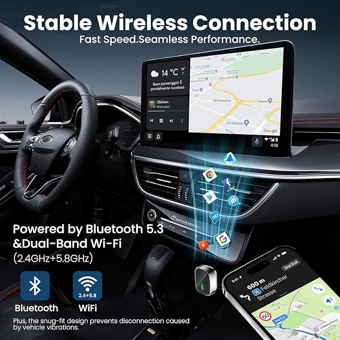 Wireless CarPlay Adapter, 2-in-1 CarPlay & Android Auto Adapter – Mini Snug Fit Design, Convert Factory Wired to Wireless for iPhone iOS 10+ & Android 11+