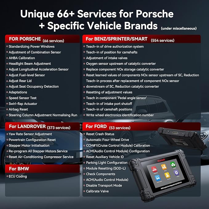 iCarsoft POR V4.0 Bidirectional Diagnostic Tool for Porsche + 2 Extra Car Brands, OBD2 Scanner with 1333 Test Items/ 29 Services (177 Subservices)/ 66 Extra Services/Battery Registration-Free Update