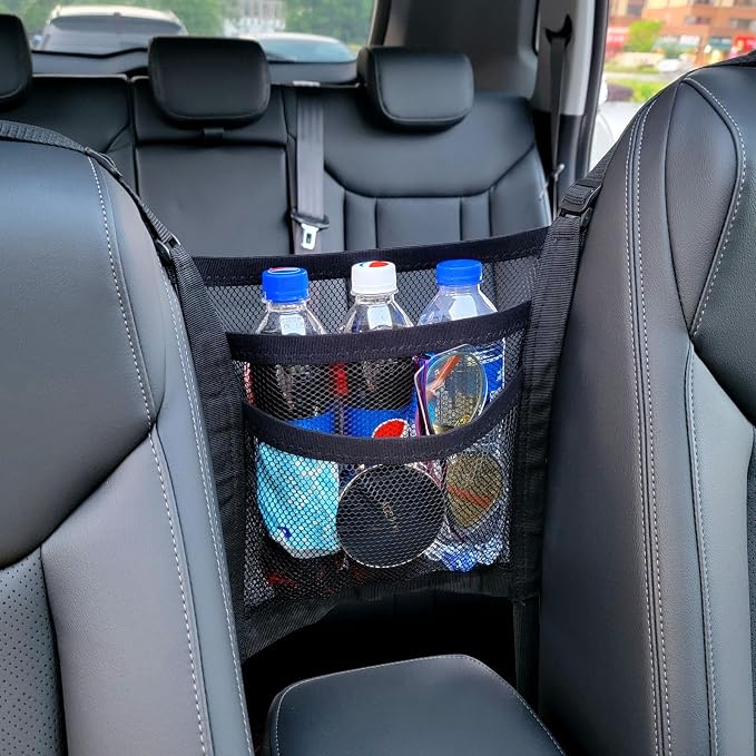 3 Layer Car Mesh Organizer Between Front Seat Backseat Mesh Storage Net Kid Dog Pet Barrier Car Net Pocket Handbag Tissue Purse Holder for SUV, Van