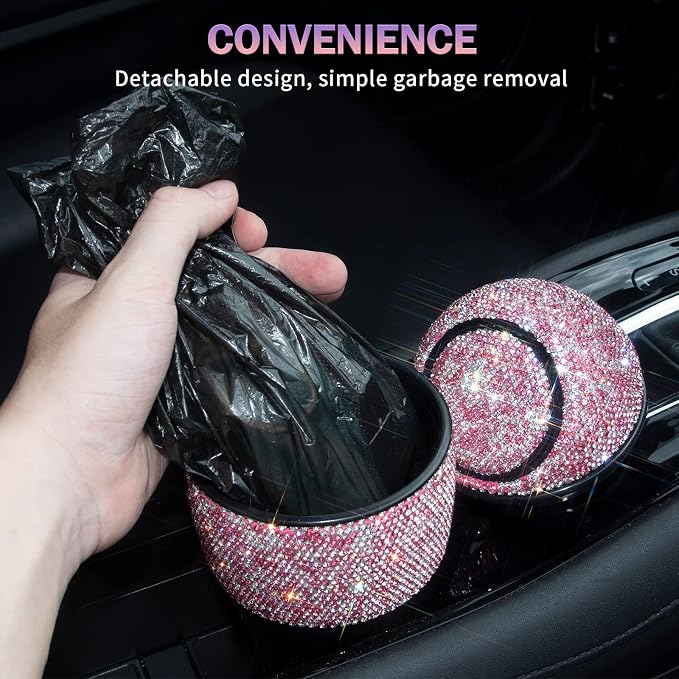 eing Car Trash Can Bling Crystal Auto Mini Trash Bin for Car Office Home Women,Car Cup Holder Garbage Can with Lid and 5 Pack Disposable Garbage Gag, Pink