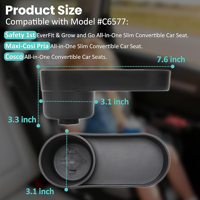 2-Packs Car Seat Snack Tray with Cup Holder for Safety 1st EverFit & Grow and Go | Maxi-COSI Pria | Cosco All-in-One Car Seat, Car Seat Cup Holder Accessory, Dishwasher Safe, Black (Model C6577&C6474)