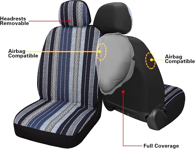 HAIYAOTIMES Baja Saddle Blanket Car Seat Covers Front Set with Seat Belt Pads, Washable Breathable Seat Covers for Cars, Universal Fit Interior Covers for Most Sedan Truck SUV, Airbag Compatible, Blue