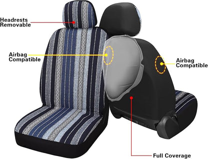 HAIYAOTIMES Baja Saddle Blanket Car Seat Covers Front Set with Seat Belt Pads, Washable Breathable Seat Covers for Cars, Universal Fit Interior Covers for Most Sedan Truck SUV, Airbag Compatible, Blue