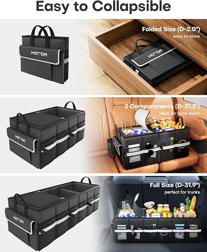 HOTOR Trunk Organizer - Car Organizer with Built-In Leakproof Car Cooler, Collapsible Trunk Organizer with Cooler for Car, SUV, Sedan, with Base Panel (3 Compartments, Black),31.9"×12.6"×10.6"